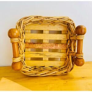 Vintage Basket Woven Wicker Handles Wood Slats Centerpiece Bread